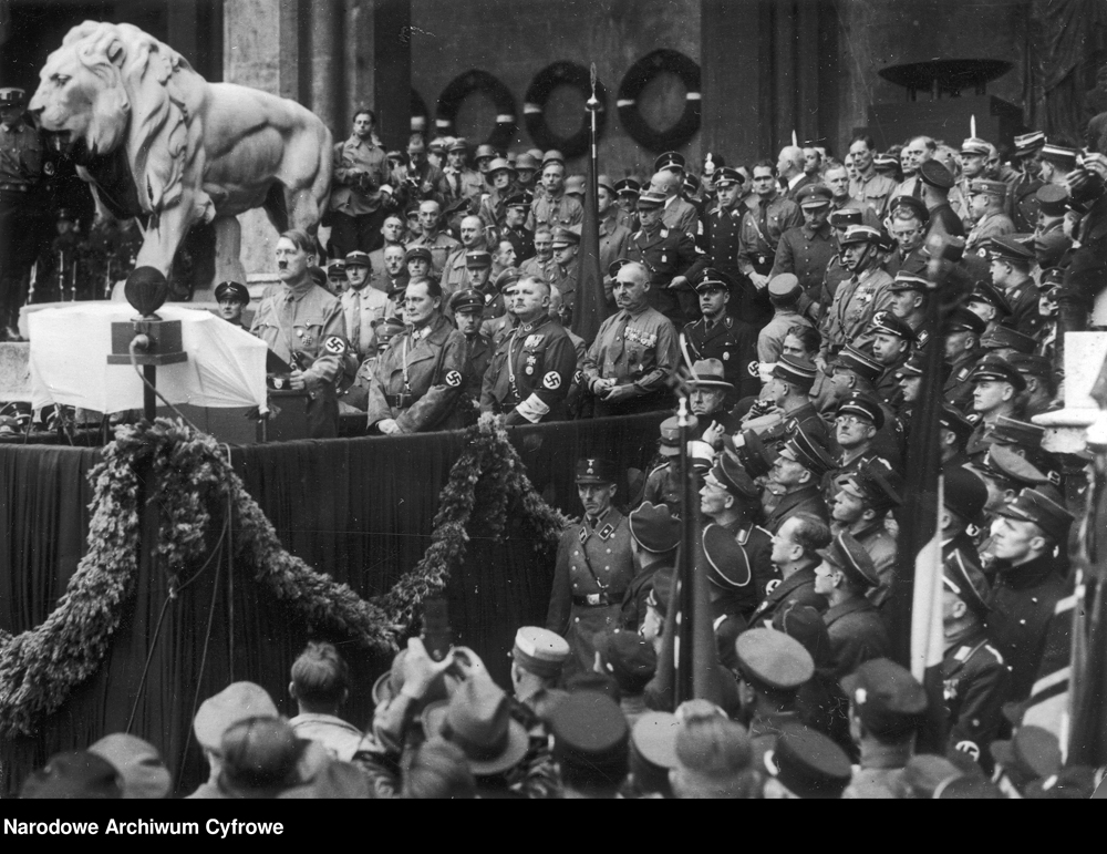 Adolf Hitler makes a speech for the commemoration of the 10th anniversary of the 1923 putsch in front of Munich's Feldherrnhalle